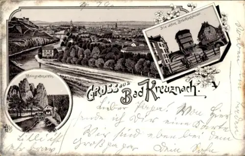 Litho Bad Kreuznach an der Nahe, Gesamtansicht, Alte Brückenhäuser