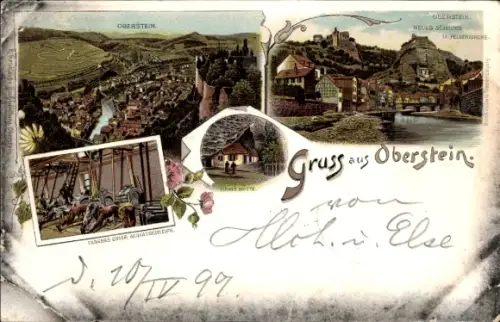 Litho Oberstein an der Nahe, Gesamtansicht, Neues Schloss, Felsenkirche, Achatschleiferei