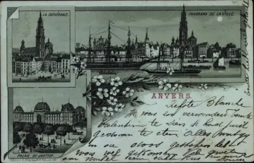 Mondschein Litho Anvers Antwerpen Flandern, La Cathedrale, Palais de Justice, Panorama de la Ville