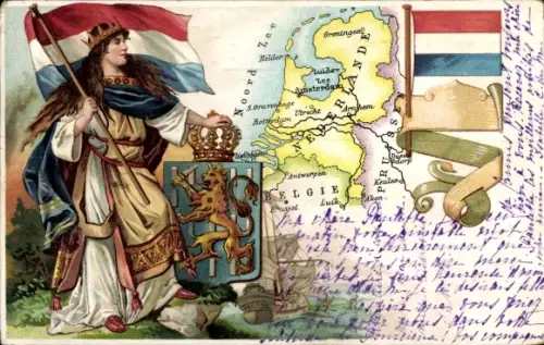 Landkarten Wappen Litho Niederlande, Allegorie, Fahnen