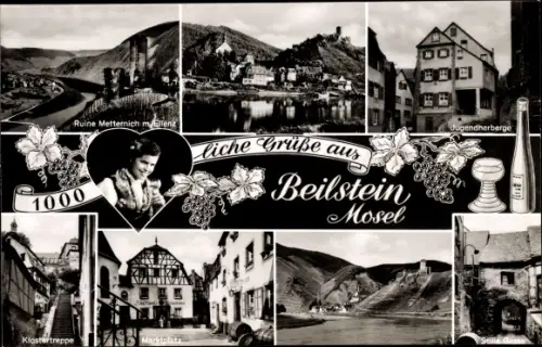 Ak Beilstein an der Mosel, Panorama, Jugendherbergem Stille Gasse, Klostertreppe, Marktplatz