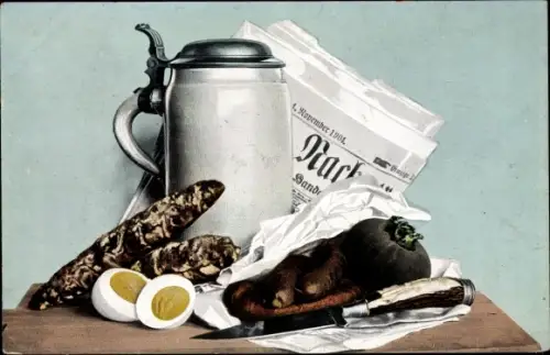Ak Essen auf dem Teller, Bierkrug, Gekochte Eier, Zeitung