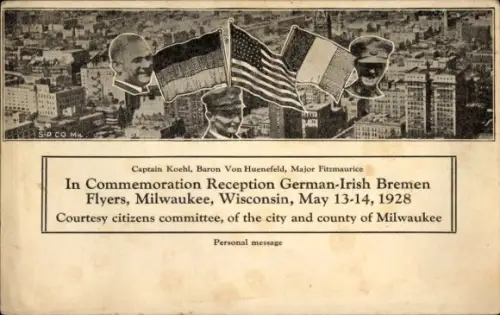 Ak Milwaukee Wisconsin USA, Propaganda, Reception German-Irish Bremen Flyers, Captain Koehl