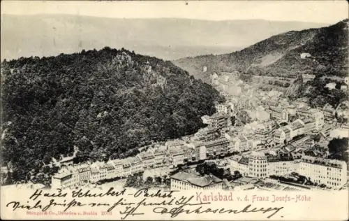 Ak Karlovy Vary Karlsbad Stadt, Stadt von der Franz Josefs Höhe