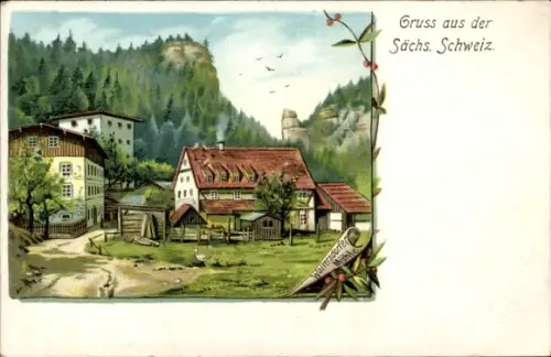 Litho Porschdorf Bad Schandau an der Elbe, Waltersdorfer Mühle