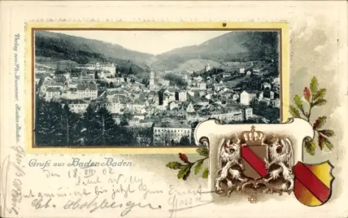 Passepartout Litho Baden Baden am Schwarzwald, Blick auf die Stadt, Wappen