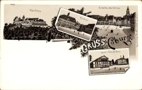 Passepartout Litho Coburg in Oberfranken, Veste, Rathaus, Marktplatz, Kirche, Theater, Palais
