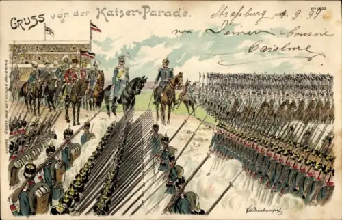 Litho Deutsche Soldaten in Uniformen, Parade, Heerführer, Fahnen, Kaiserzeit