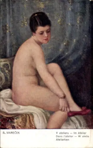 Künstler Ak B. Marecek, Im Atelier, Frauenakt