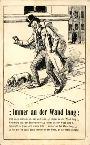 Künstler Ak Immer an der Wand lang, Betrunkener mit Dackel