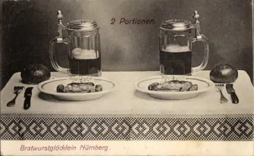 Ak Nürnberg, Bratwurstglöcklein, 2 Portionen, gedeckter Tisch, Bierkrüge