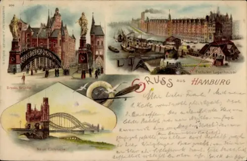 Litho Hamburg Mitte Altstadt, Brooks Brücke, Freihafen Lagerhäuser, neue Elbbrücke
