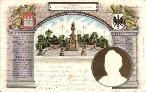 Wappen Präge Litho Hamburg, Enthüllung des Kaiser Wilhelm Denkmals 1903