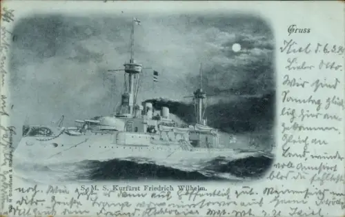 Mondschein Ak Deutsches Kriegsschiff, SMS Kurfürst Friedrich Wilhelm, Kaiserliche Marine