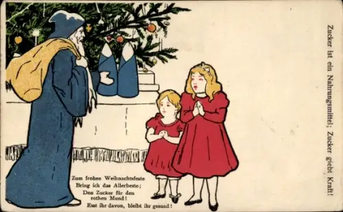 Ak Frohe Weihnachten, Weihnachtsmann überreicht Mädchen Zuckerhüte, Zucker giebt Kraft!