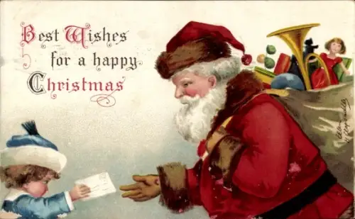 Ak Frohe Weihnachten, Weihnachtsmann, Geschenkesack, Junge mit Brief