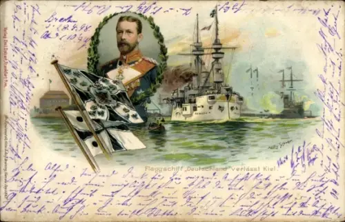 Künstler Litho Stöwer, Willy, Deutsches Kriegsschiff, SMS Deutschland, Flaggschiff, Prinz Heinrich