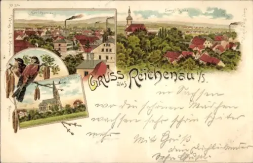 Litho Bogatynia Reichenau in Sachsen Schlesien, Teilansicht vom Ort, Kirche