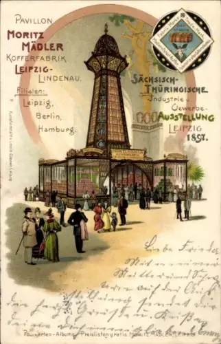 Litho Leipzig, Sächs. Thüringische Industrie und Gewerbeausstellung 1897, Moritz Mäder, Kofferfabrik