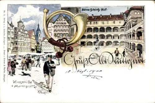 Künstler Litho Fuchs, Karl, Stuttgart in Baden Württemberg, Kirchstraße, Marktplatz, Altes Schloss