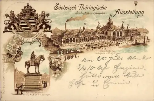 Wappen Ganzsachen Litho Leipzig, Sächs. Thüring. Industrie und Gewerbeausstellung 1897, Haupthalle