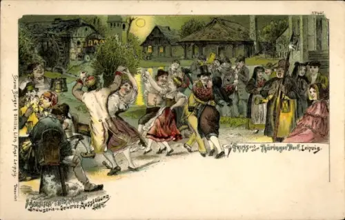 Litho Sächs. Thür. Industrie und Gewerbeausstellung Leipzig 1897, Thüringer Dorf, Tanz, BB&OL 441