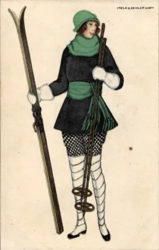 Künstler Ak Köhler, Mela, Frauenportrait mit Skiern