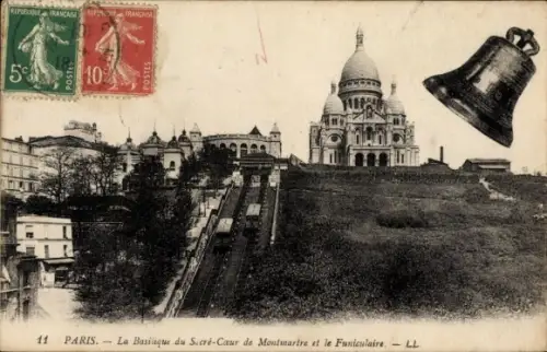 Ak Paris XVIII Montmartre, Paris, Sacré-Cœur de Montmartre, Funiculaire, Glocke, Semeuse-Marken 5