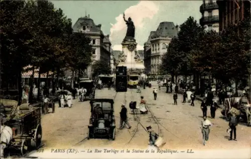 Ak Paris XI, Rue Turbigo und die Statue der Republik