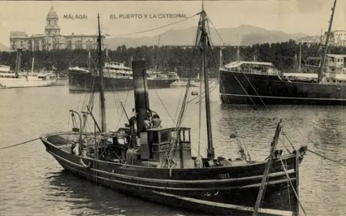 Ak Málaga Andalusien Spanien,  Hafen, Kathedrale, 1322