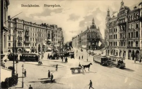 Ak Stockholm Schweden,  Stureplan, Straßenbahn, Pferdekutsche, Aufschrift AUTOMAT