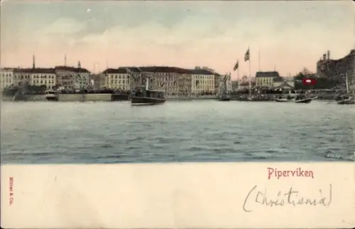 Ak Kristiania Christiania Oslo Norwegen, Piperviken, Blick vom Wasser auf Stadt