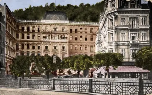 Ak Karlovy Vary Karlsbad Stadt,  Grand Hotel Pupp, Uferpromenade, Balustrade
