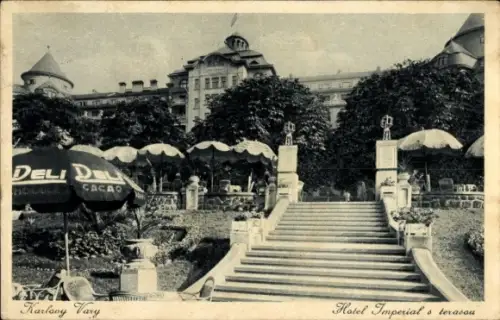 Ak Karlovy Vary Karlsbad Stadt, Hotel Imperial mit Terrasse, Deli Cacao