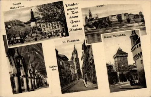 Ak Kraków Krakau Polen, Pomnik Mickiewicza, Sukiennice, Wawel, Ul. Ploriańska, Brama Ploriańska