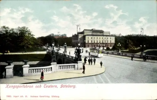 Ak Lorensberg Göteborg Schweden, Kungsportsbron, Teatern (Göteborg), Straßenbahn