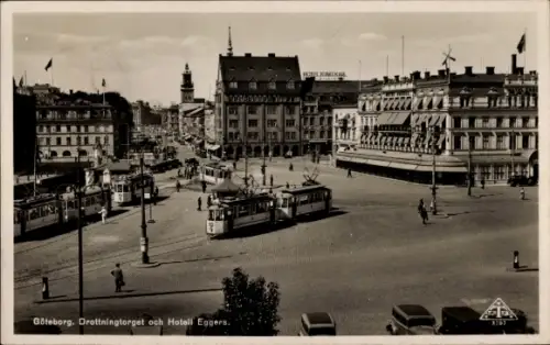 Ak Lorensberg Göteborg Schweden,  Drottningtorget, Hotell Eggers, Hotel Kung Karl, Straßenbahnen