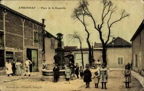 Ak Ambonnay Marne,  Place de la Roquette, Brunnen, Kindergruppe, Edition des Comptoirs Français