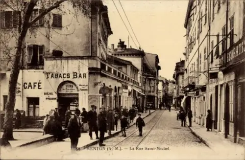 Ak Menton Alpes Maritimes, Menton (A.-M.), Rue Saint-Michel, Tabacs Bar, Café, Bière pression