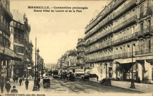 Ak Marseille Bouches du Rhône, Cannebière, Grand Hôtel du Louvre et de la Paix