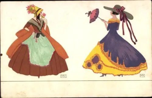 Künstler Ak Mela Köhler, zwei Frauen, Kleider, Schirm, Wiener Werkstätte No. 571