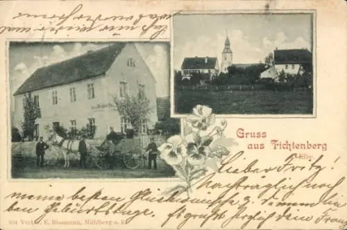 Ak Fichtenberg Mühlberg an der Elbe, Teilansicht, Kirche, Gasthaus, Kutsche