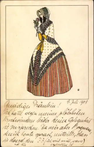 Künstler Ak Urban Janke, Wiener Werkstätte, Frau mit Rose, Kleid, Haube