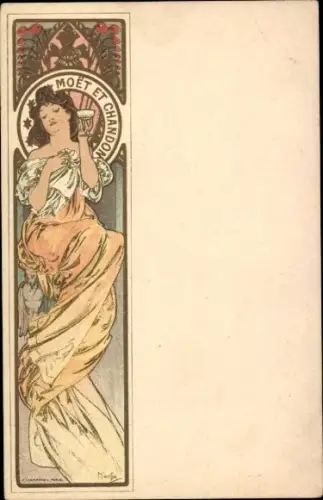 Jugendstil Künstler Ak Alfons Mucha, Frau mit Sektglas, Moet et Chandon