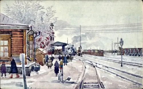 Künstler Ak Tjumen Russland, Bahnhof im Winter