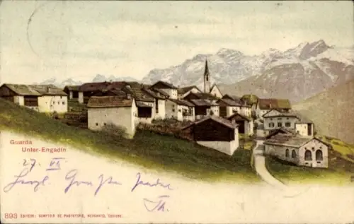Ak Guarda Kanton Graubünden, Guarda, Unter-Engadin, Dorf mit Kirche, Alpenhintergrund