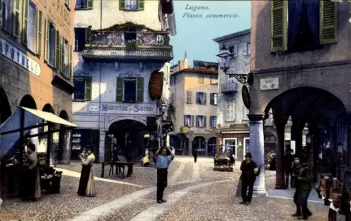 Ak Lugano Kt. Tessin Schweiz, Piazza commercio, Manifatture Sartoria