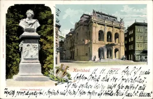 Ak Karlovy Vary Karlsbad Stadt,  Theater, Göthe Denkmal