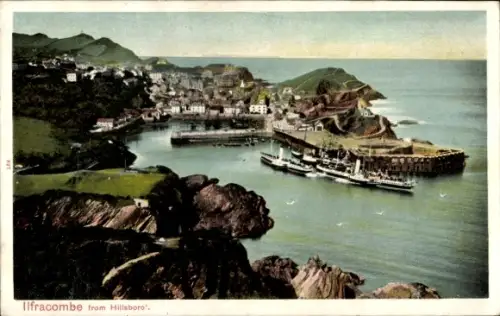 Ak Ilfracombe Devon England, Ilfracombe von Hillsboro, Hafen, Pier, Dampfschiffe