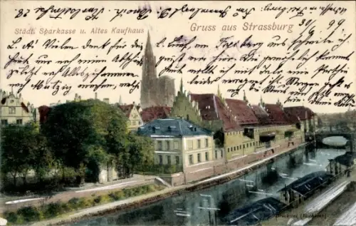 Ak Strasbourg Straßburg Elsass Bas Rhin, Städtische Sparkasse und altes Kaufhaus